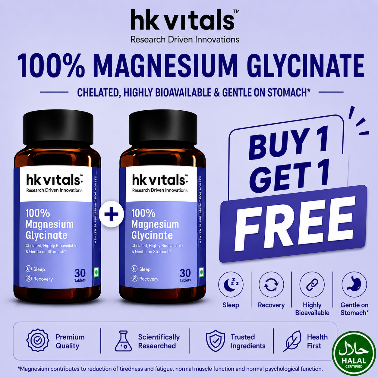 Hk Vitals 100% Magnesium Glycinate (Buy 1 Get 1 Free)